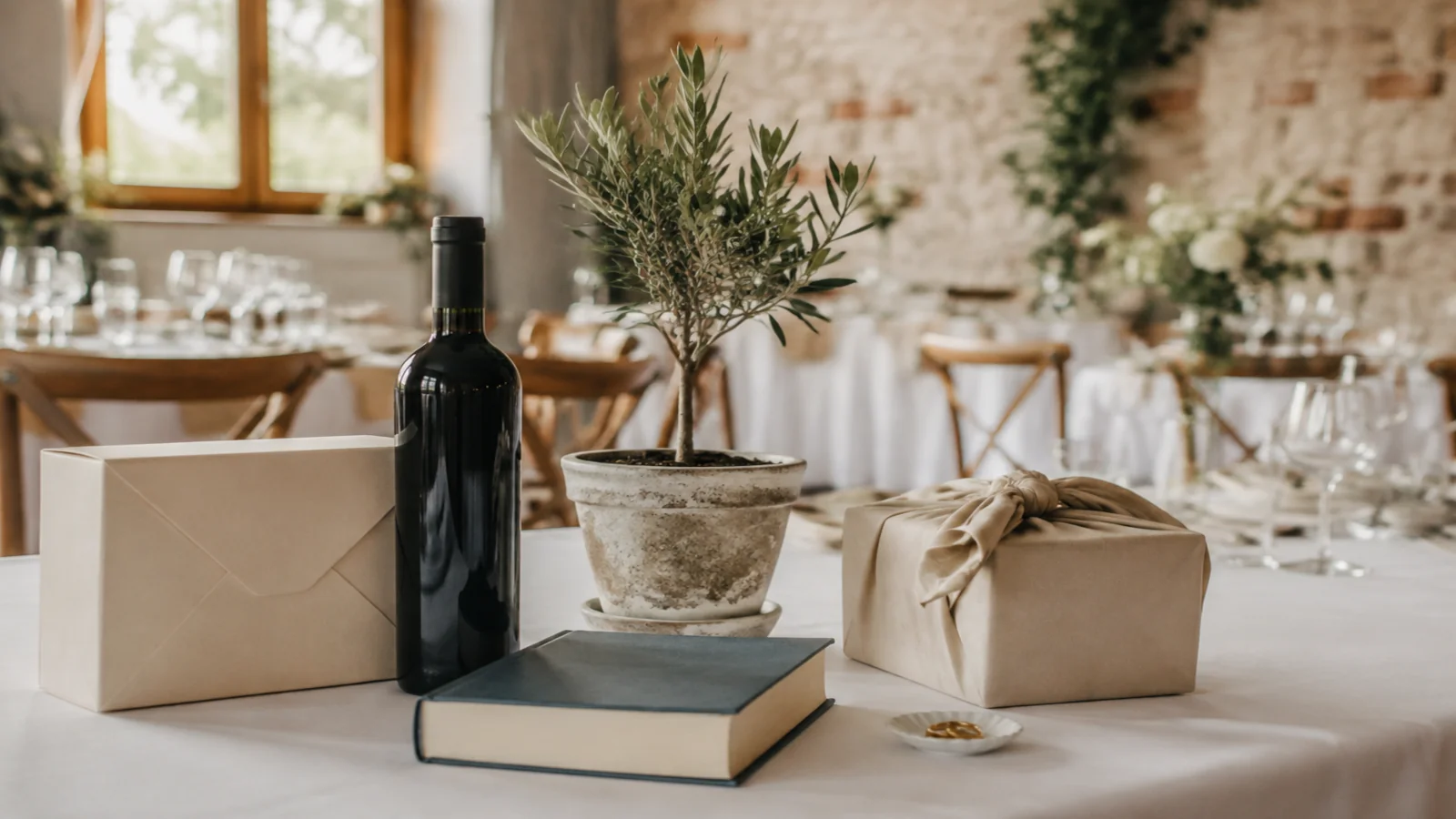 Prezenty zamiast kwiatów na ślub – wino, książka i drzewko oliwne